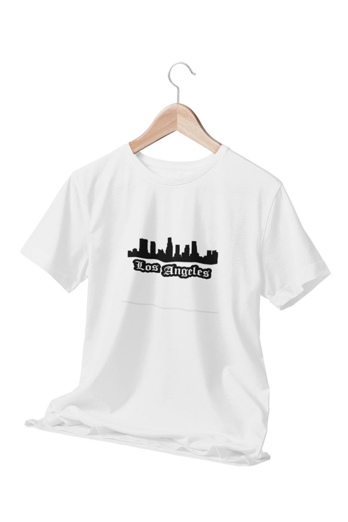 Los Angeles Şehir Temalı Hediyelik Eğlenceli Beyaz Unisex T-Shirt