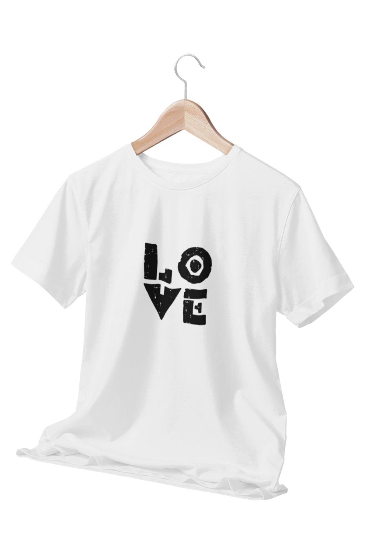 LOVE Yazı Baskılı Beyaz Unisex T-Shirt