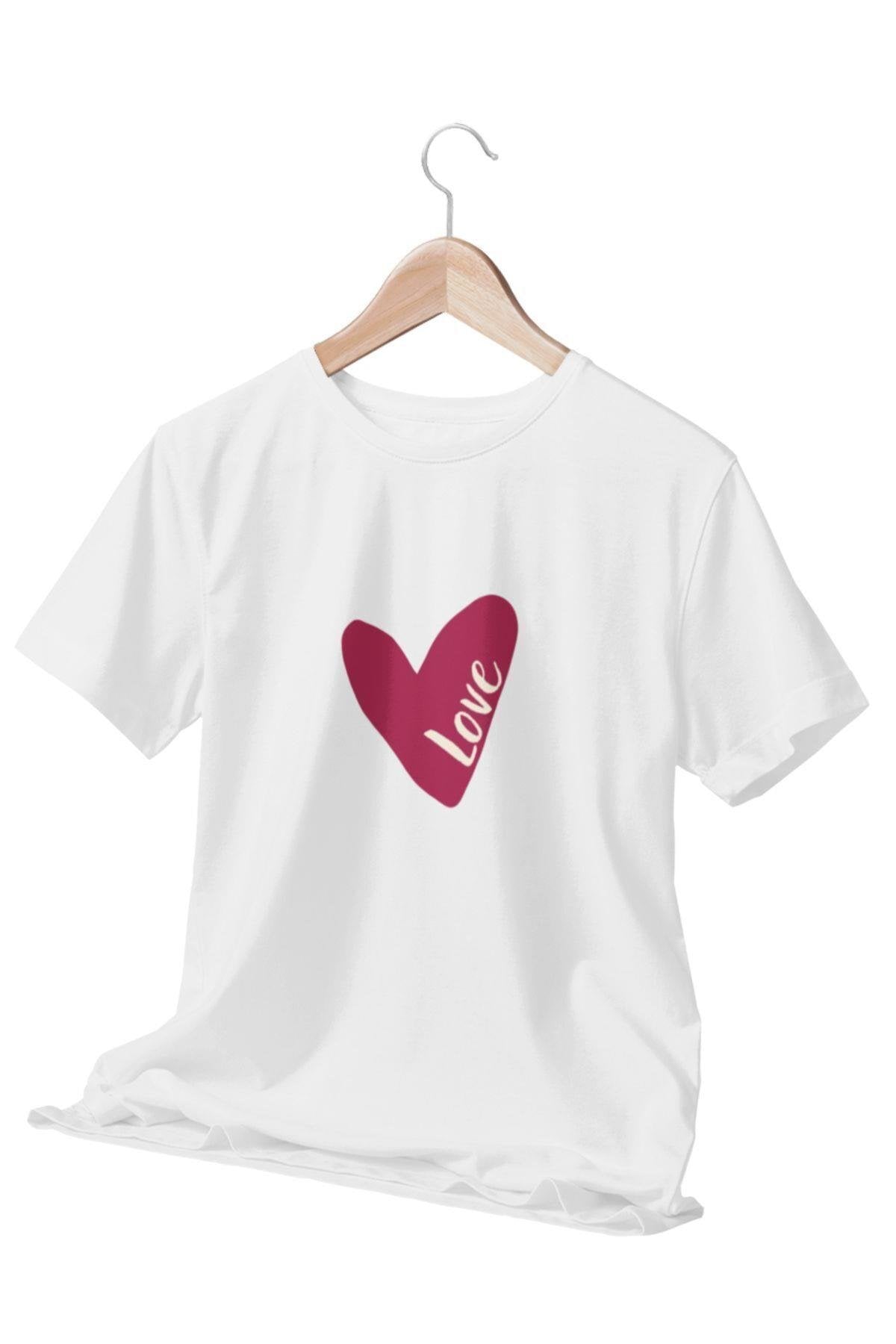 Love Yazılı Kalp Baskılı Beyaz Unisex T-Shirt