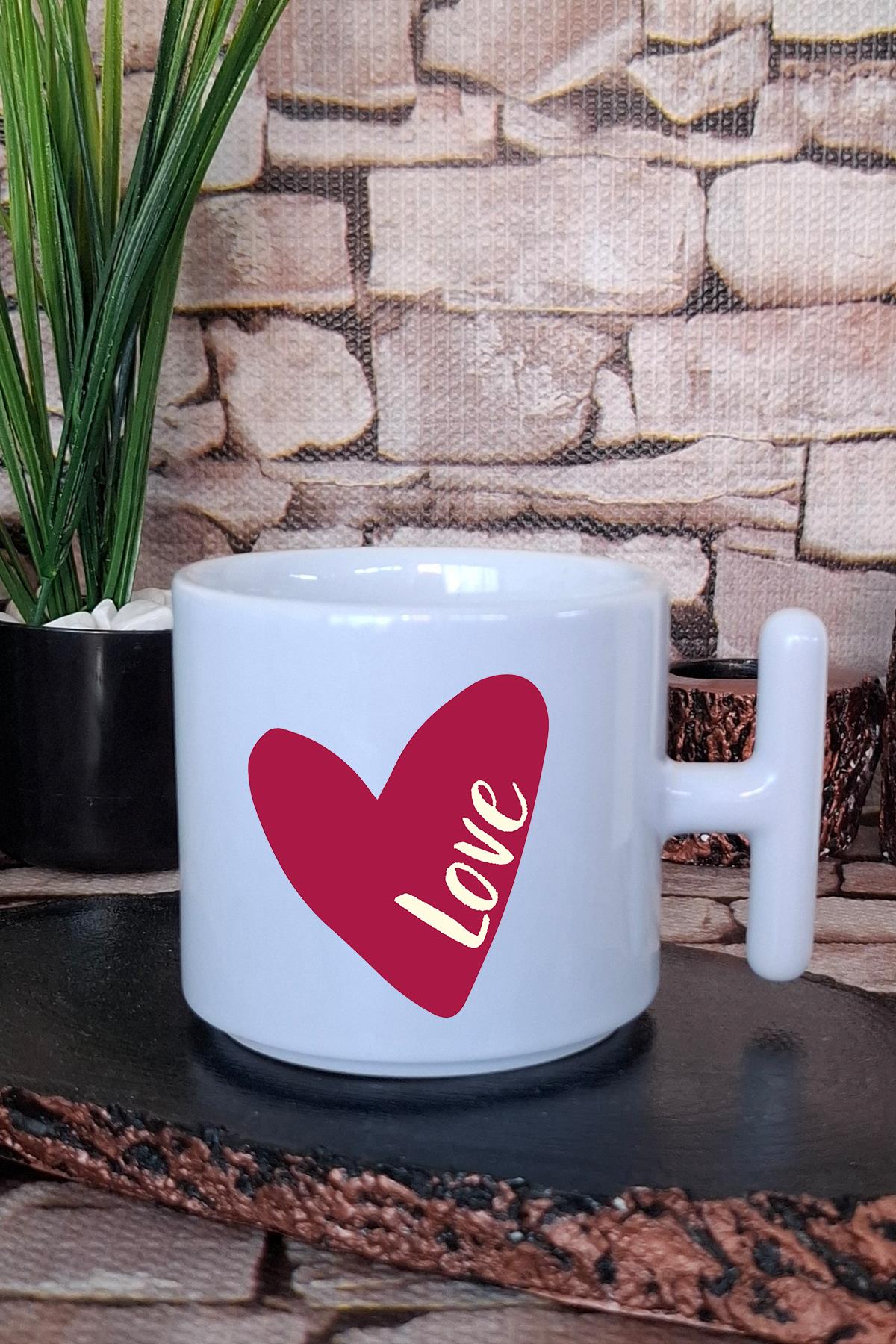 Love Yazılı Kalp Baskılı T Kulplu Latte Fincanı Kupa Bardak