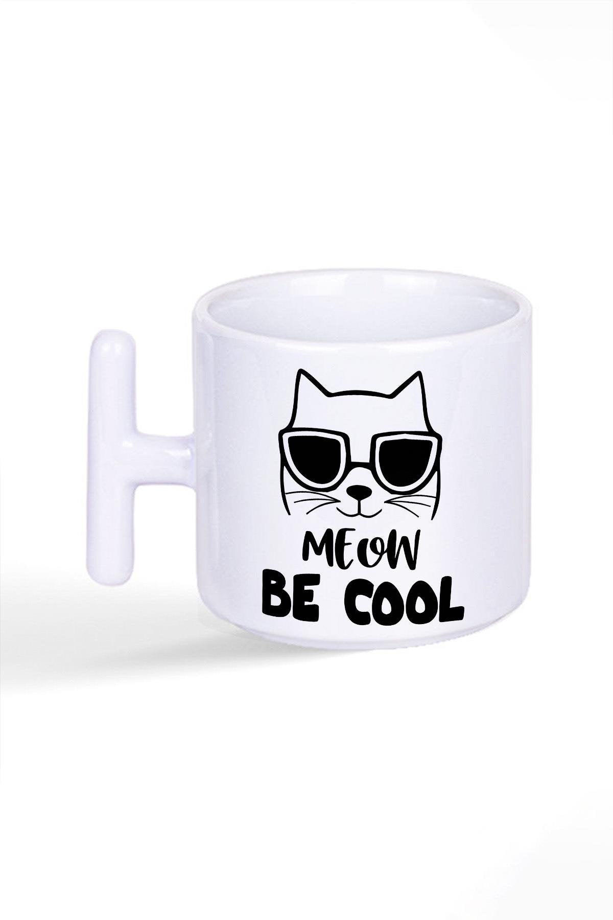 Meow Be Cool Sevimli Kedi Baskılı T Kulplu Latte Fincan Kupa Bardak