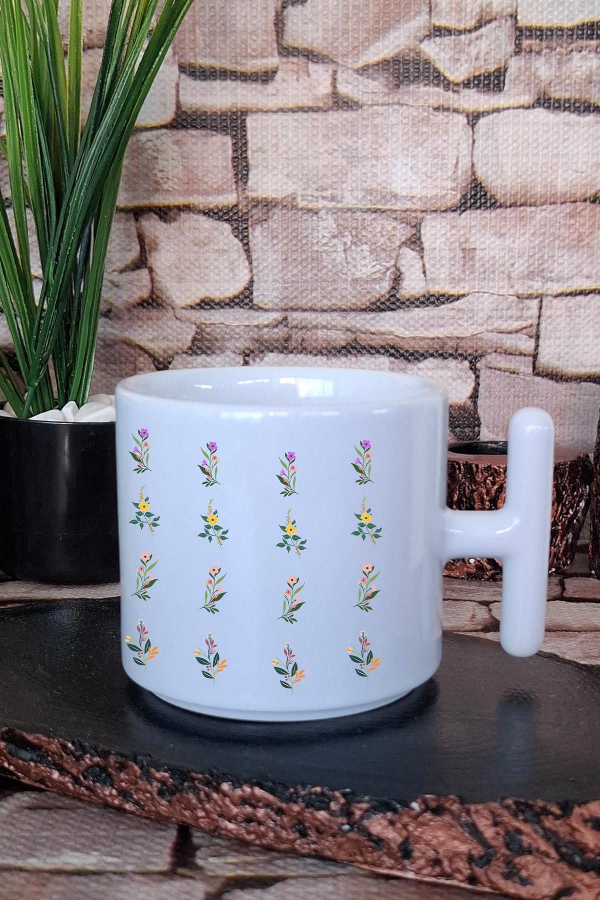 Minimal Sıralı Çiçek Baskılı T Kulplu Latte Fincanı Kupa Bardak