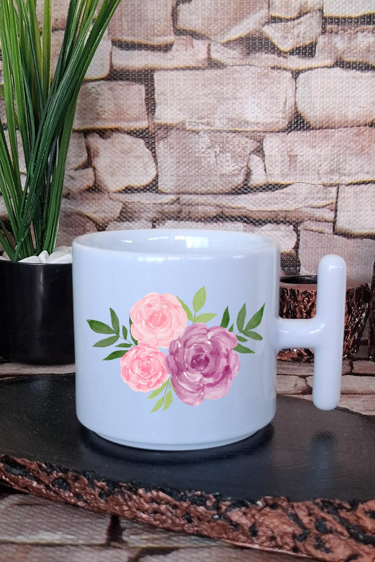 Minimalist Pembe ve Mor Gül Baskılı T Kulplu Latte Fincanı Kupa Bardak