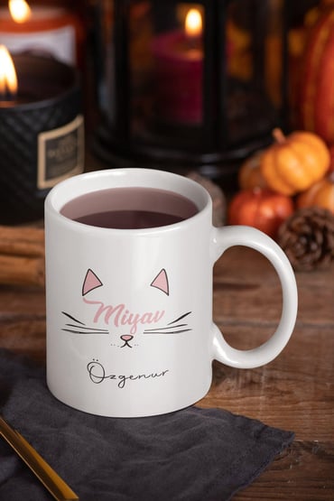 Miyav Sevimli Kedi İsme Özel Kişiselleştirilebilir Baskılı Kupa Bardak