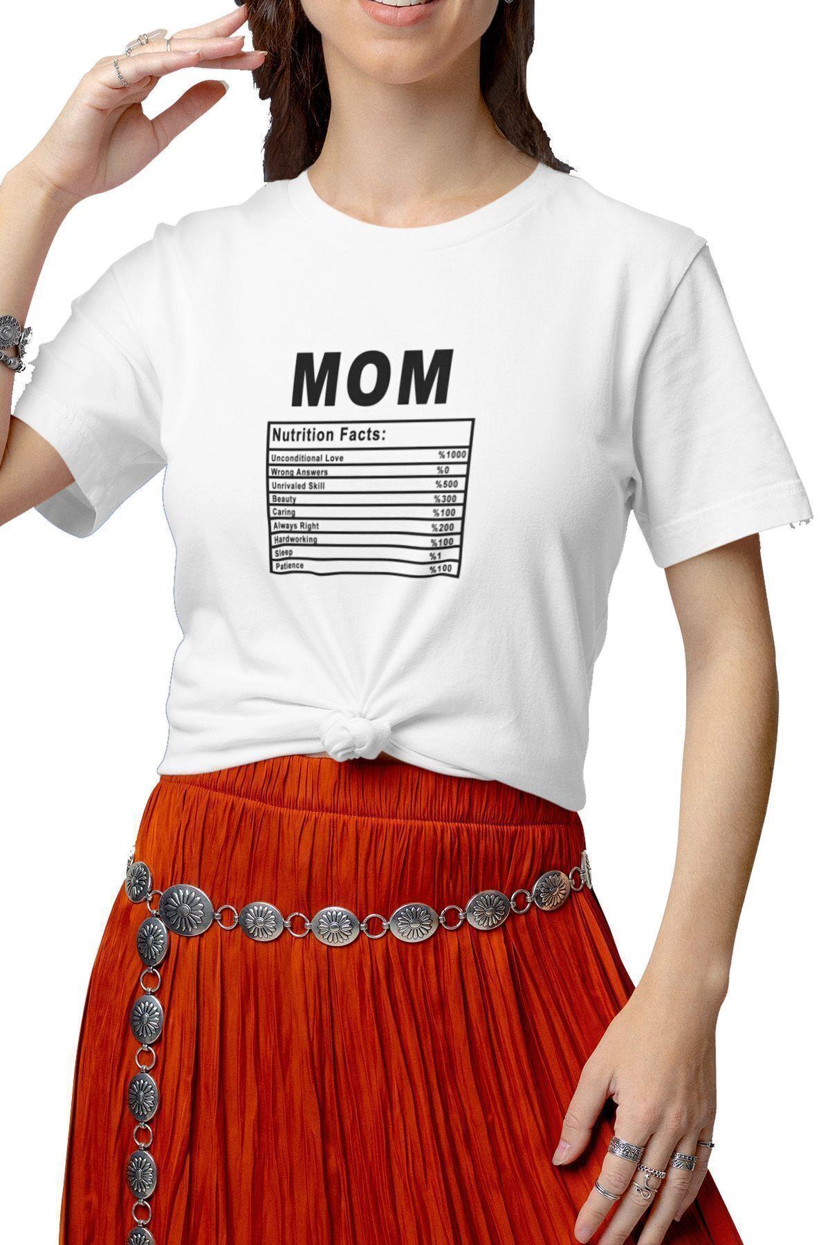 Mom Nutrition Facts Baskılı Anneler Günü Eğlenceli Hediyelik Beyaz Unisex T-Shirt