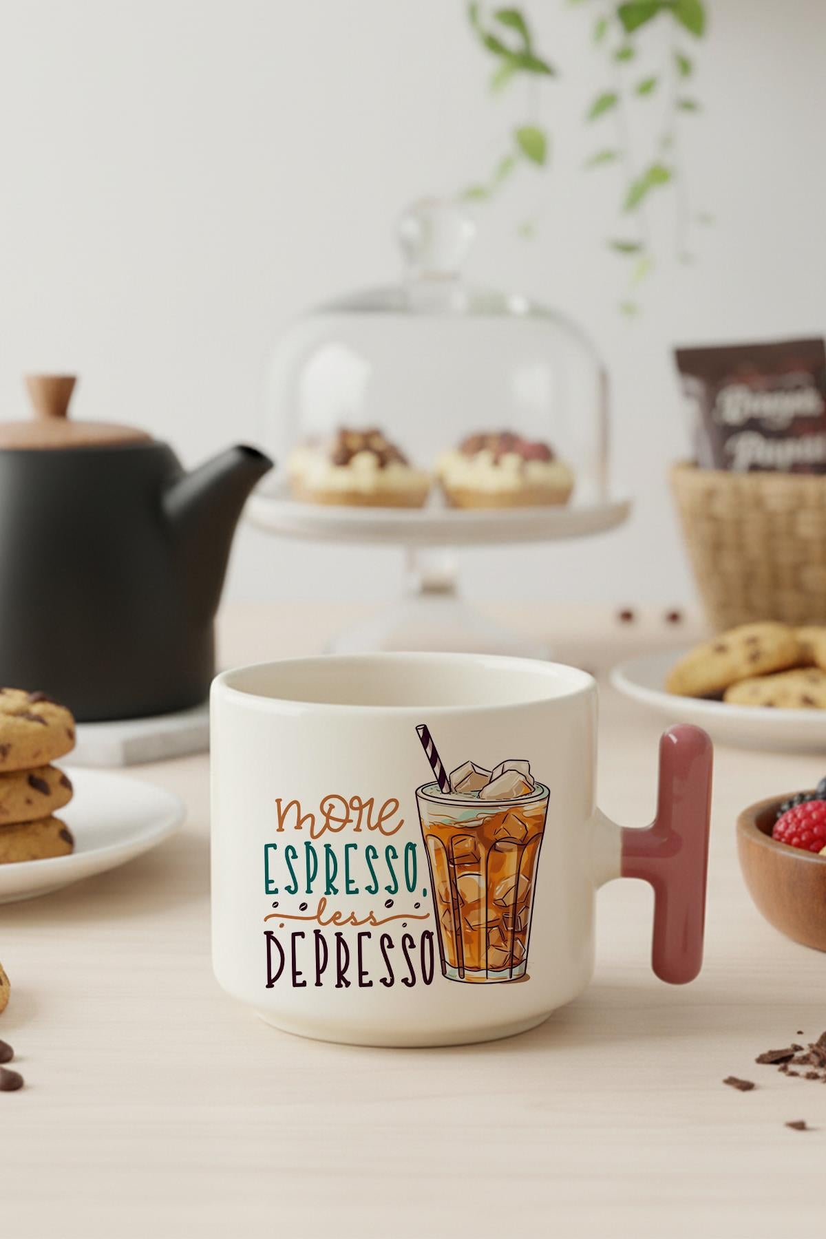 More Espresso Less Depresso Baskılı Hediyelik T Kulplu Latte Fincanı Kupa Bardak