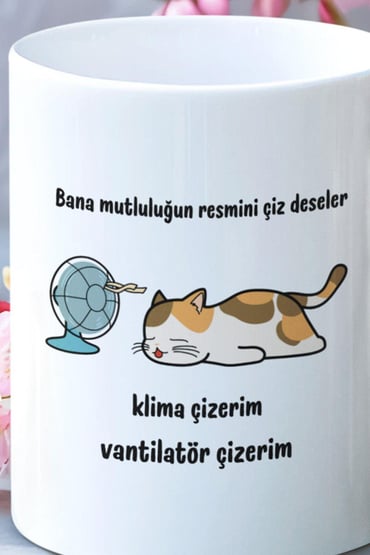 Mutluluğun Resmi-Kedi Baskılı Eğlenceli Komik Hediyelik Beyaz Kupa Bardak