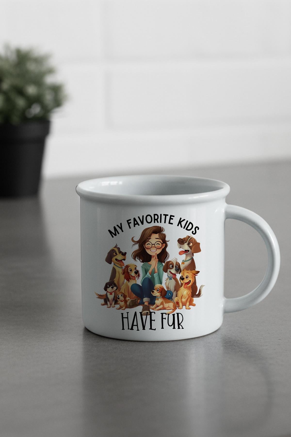 My Favorite Kids Have Fur Baskılı Enamel Görünümlü Seramik Vintage Kupa Bardak