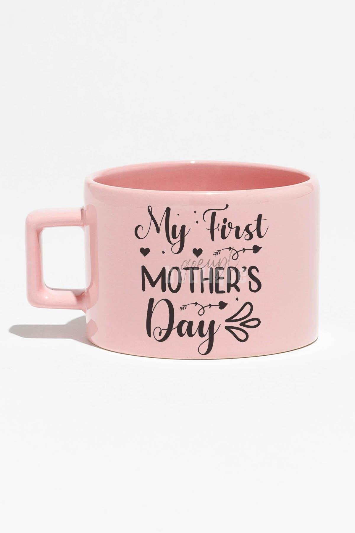 My First Mother's Day Baskılı Anneler Günü Hediyelik Mavi Dikdörtgen Kulplu Fincan Kupa Bardak