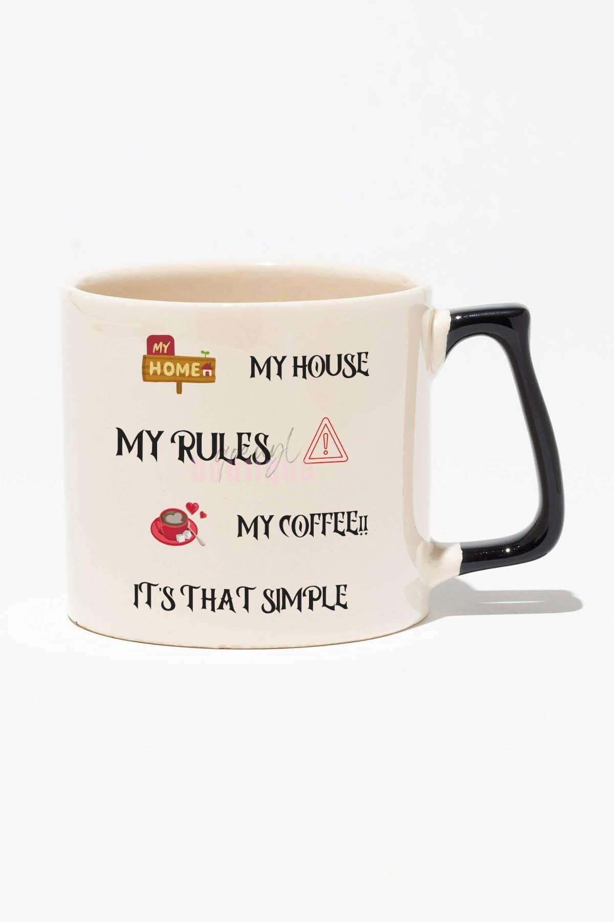 My House My Rules My Coffee Baskılı | Hediyelik | Kırmızı Kulplu Modern Seramik Kupa