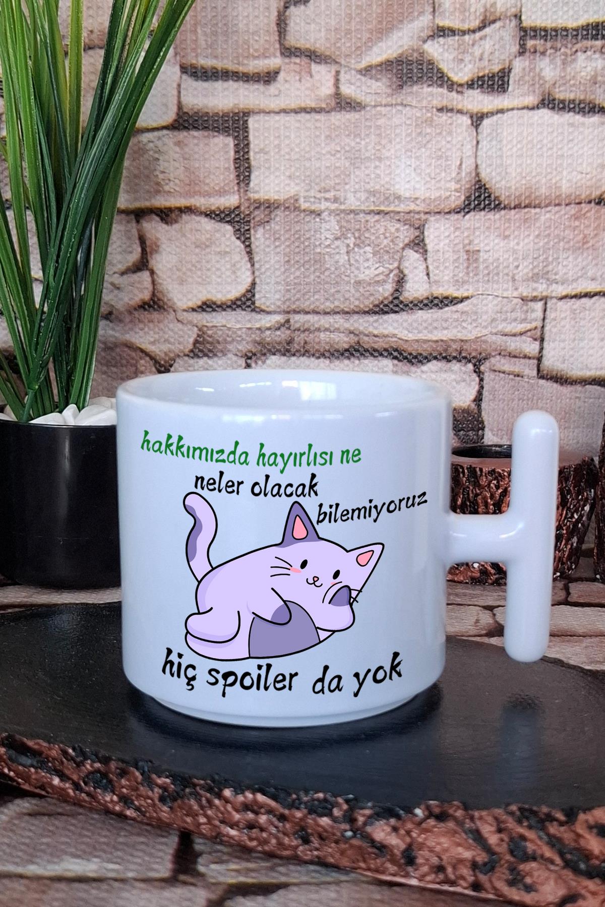 Ne Olacak Spoiler da Yok-Kedi Baskılı Hediyelik Eğlenceli T Kulplu Latte Fincanı Kupa Bardak