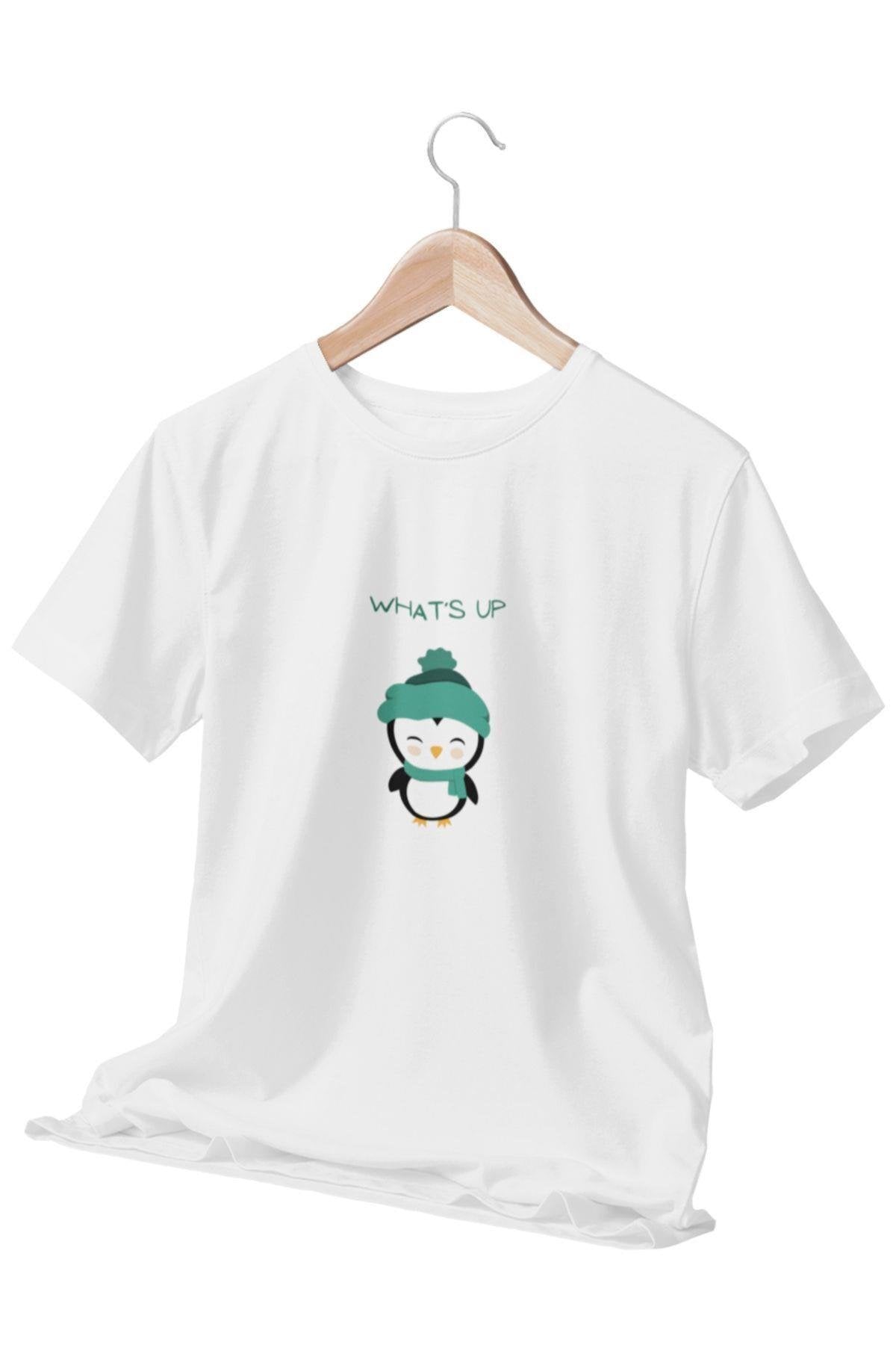 Neşeli Penguen Selamı' Temalı Penguen Baskılı Beyaz Unisex T-Shirt
