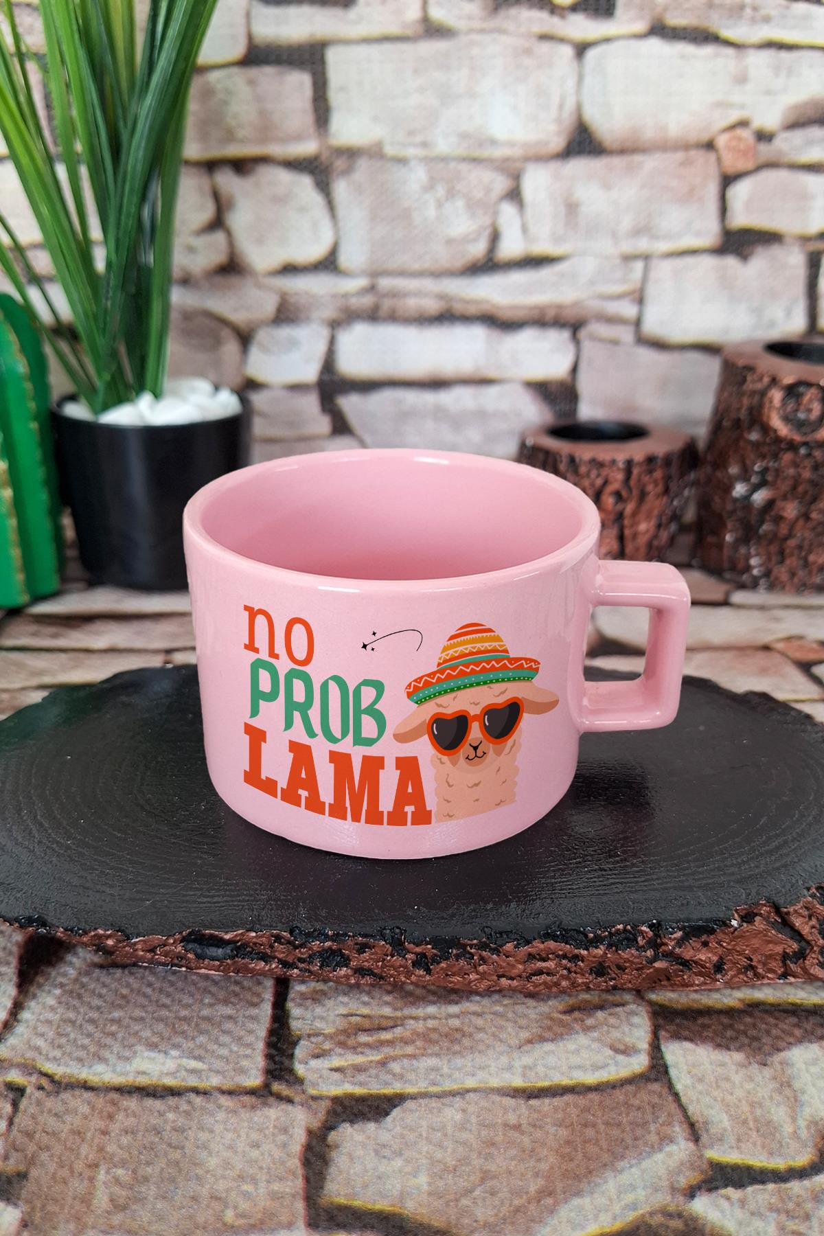 No Problama-Lama Baskılı Komik Hediyelik Pastel Renkli Dikdörtgen Kulplu Fincan