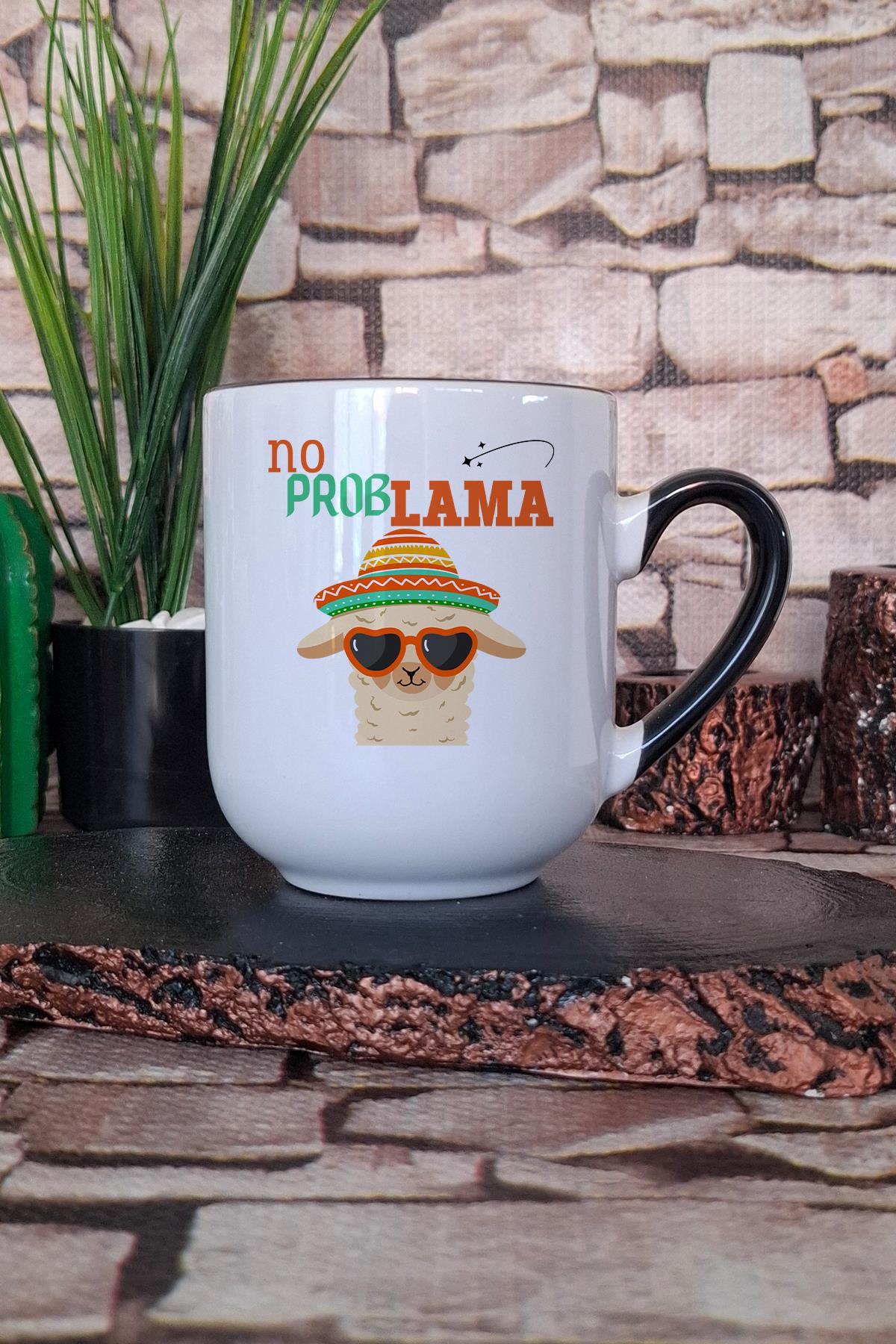 No Problama-Lama Baskılı Komik Hediyelik İçi ve Kulpu Siyah Premium Kupa Bardak