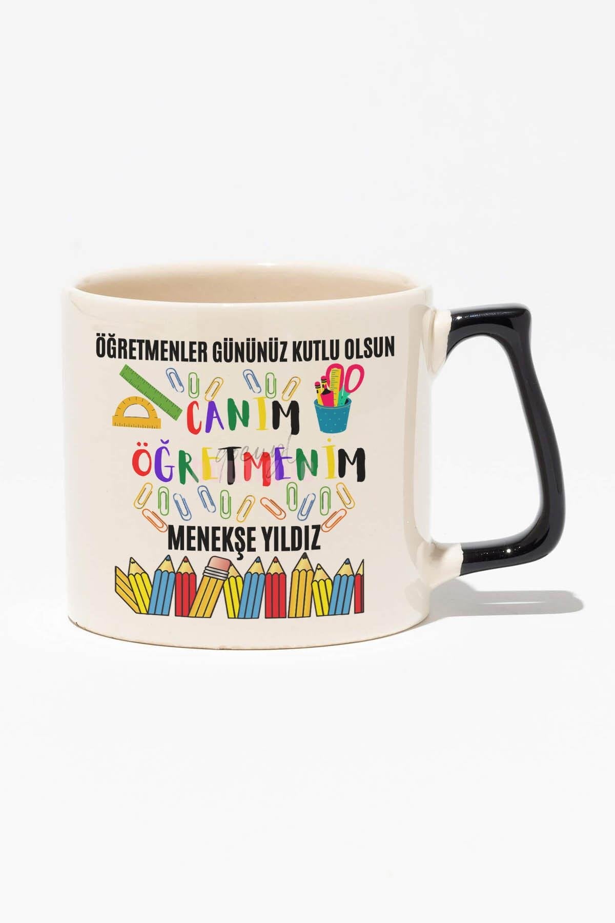 Öğretmenler Günü Baskılı | Kişiye Özel Hediyelik | Kırmızı Kulplu Modern Seramik Kupa