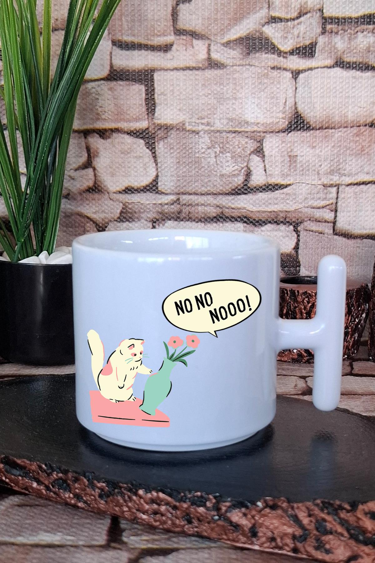 Oh No No! Yaramaz Kedi Baskılı Eğlenceli T Kulplu Latte Fincanı Kupa Bardak