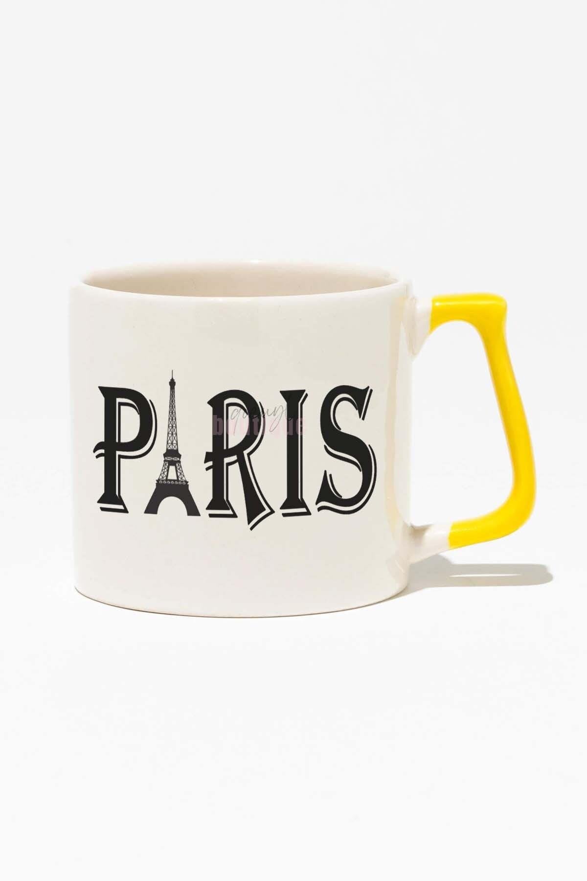Paris Eyfel Şehir Temalı Baskılı Sarı Kulplu Modern Seramik Kupa