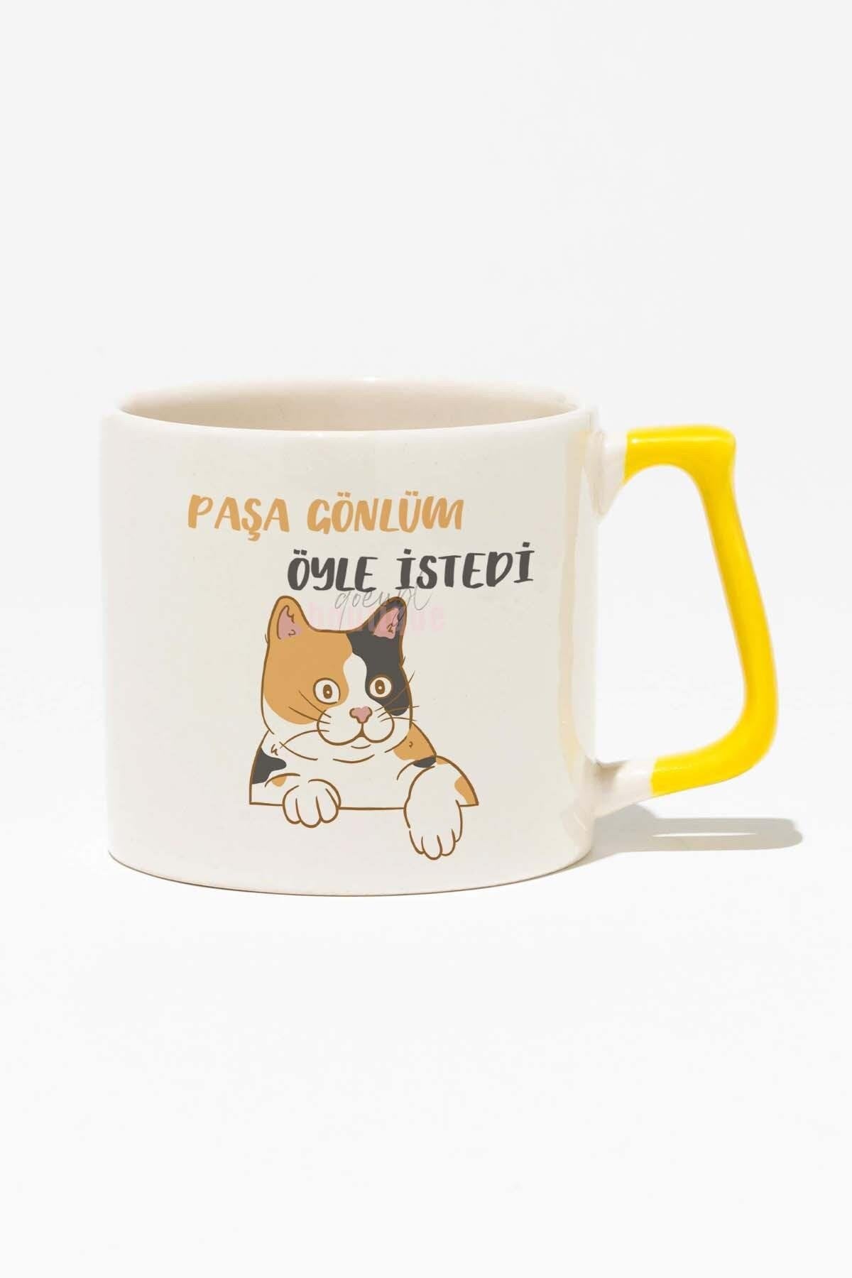Paşa Gönlüm Öyle İstedi-3-Kedi Hediyelik Eğlenceli Baskılı Sarı Kulplu Modern Seramik Kupa