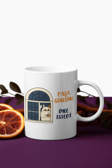 Paşa Gönlüm Öyle İstedi-4-Camda Kedi Baskılı Hediyelik Eğlenceli Beyaz Seramik Kupa Bardak