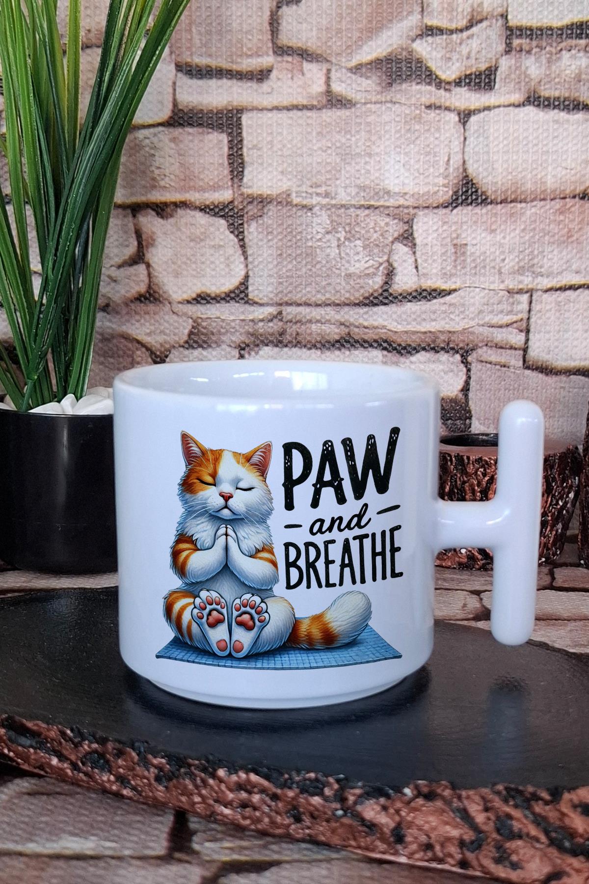 Paw And Breathe Baskılı Kedi Yoga Meditasyon Hediyelik Baskılı T Kulplu Latte Fincanı Kupa Bardak