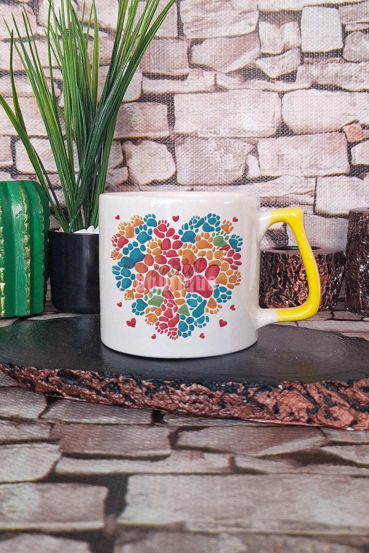 Paw Heart Baskılı Köpek Pati Kalp Sevgi Sembolü Köpeksever Hediyelik Kulplu Kupa Bardak