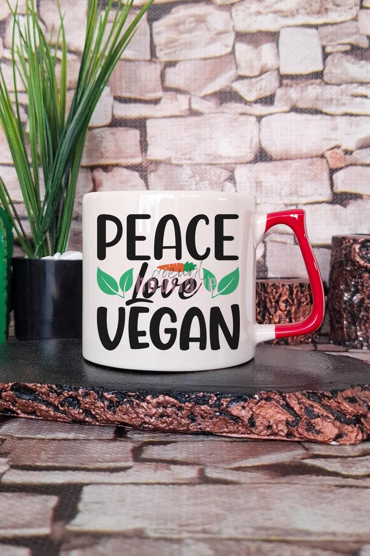 Peace Love Vegan Baskılı Hediyelik Kulplu Kupa Bardak