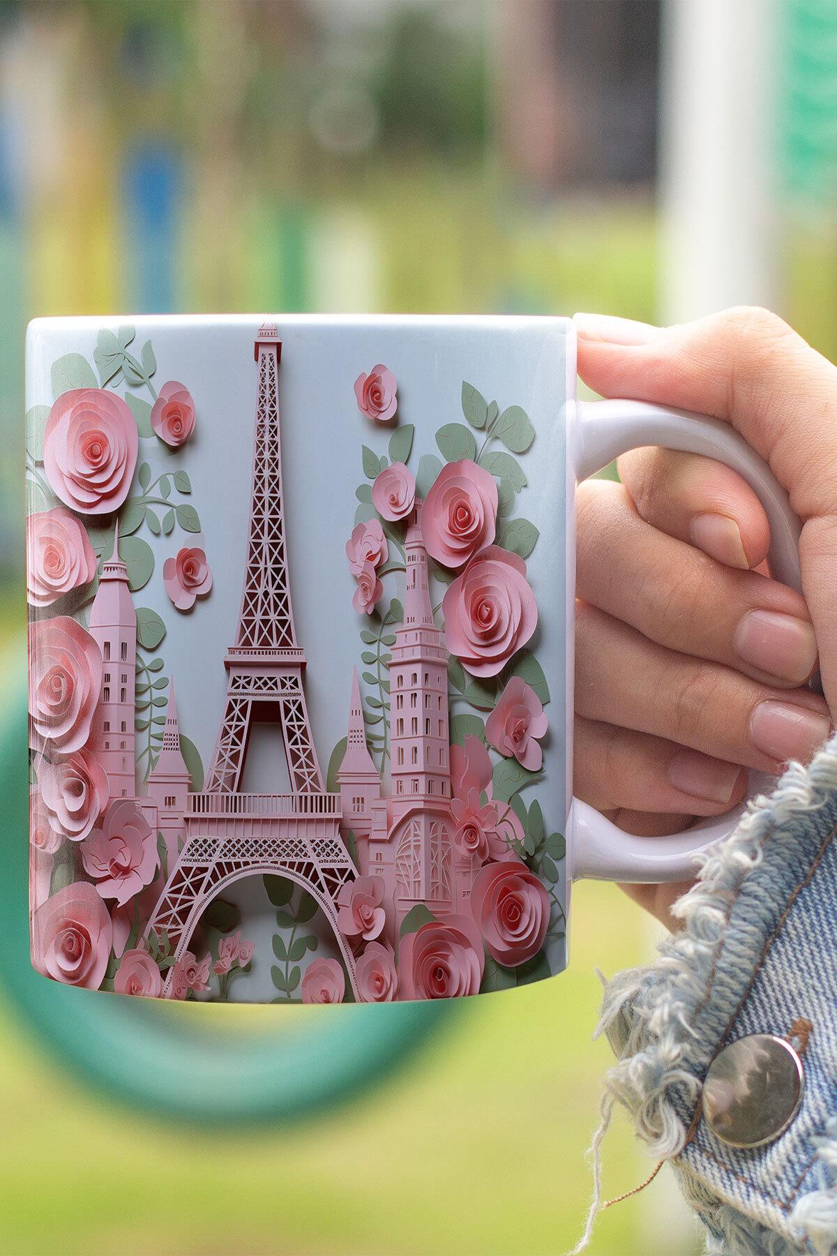 Pembe Eyfel Kulesi 3D Tasarım Görünümlü Baskılı Kupa Bardak Mug