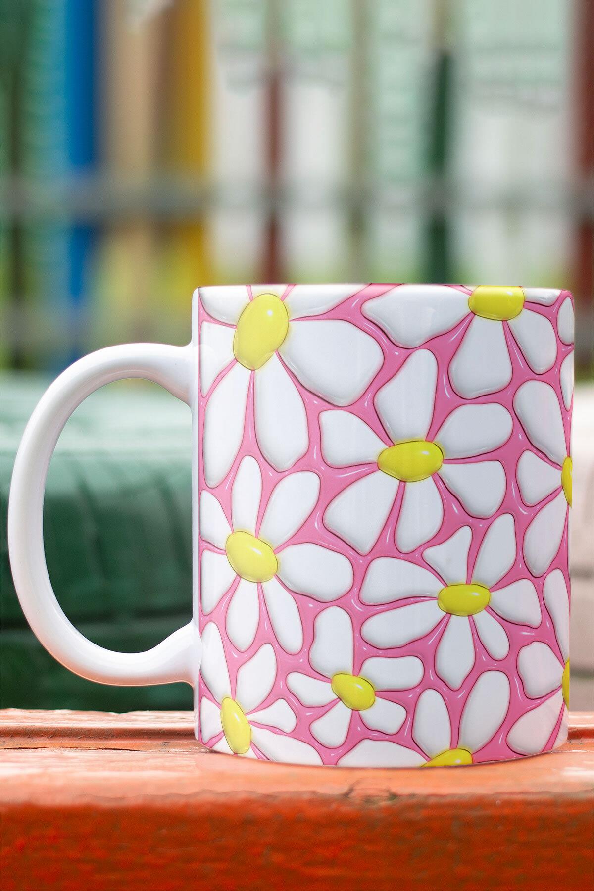 Pembe Retro Papatyalar 3D Tasarım Görünümlü Baskılı Kupa Bardak Mug