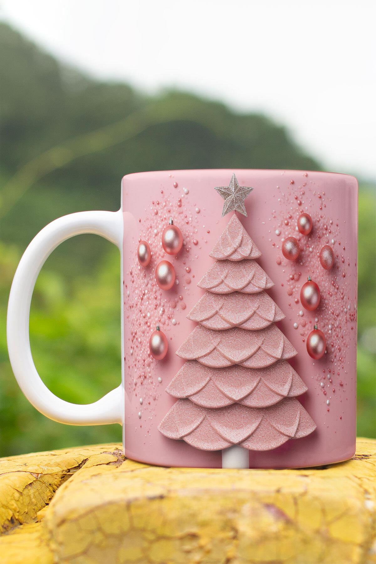 Pembe Yılbaşı Ağacı 3D Tasarım Görünümlü Baskılı Kupa Bardak Mug