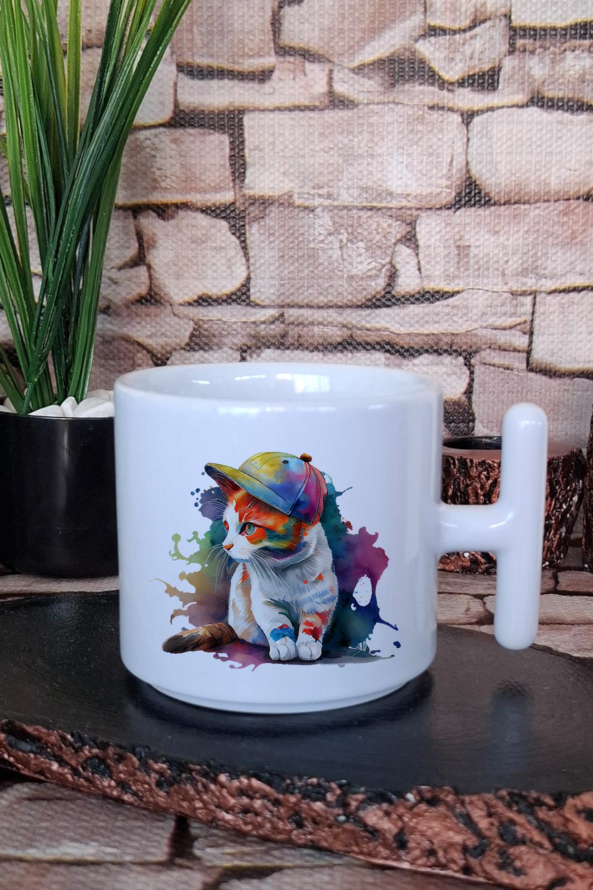 Pop Art Sevimli Kedi Baskılı T Kulplu Latte Fincanı Kupa Bardak