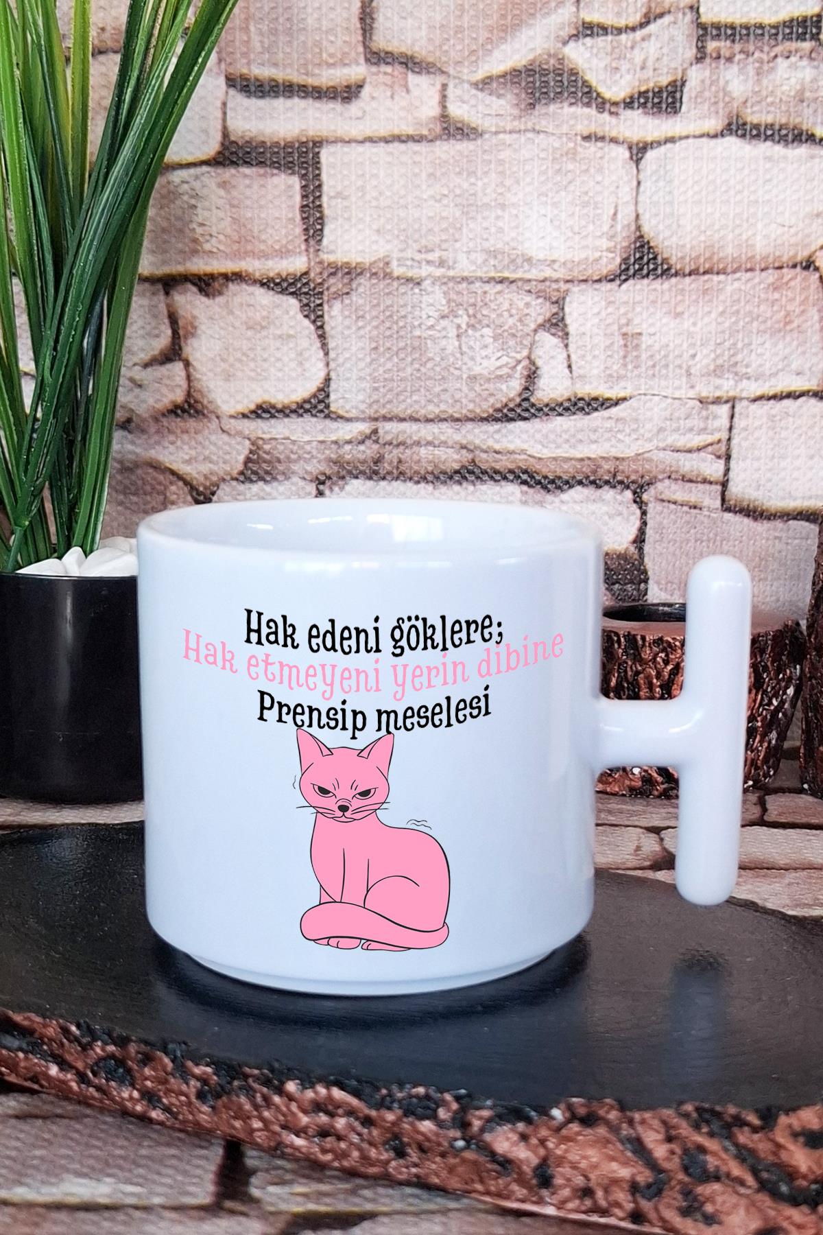 Prensip Meselesi Kedi Baskılı Eğlenceli Komik Hediyelik T Kulplu Latte Fincanı Kupa Bardak