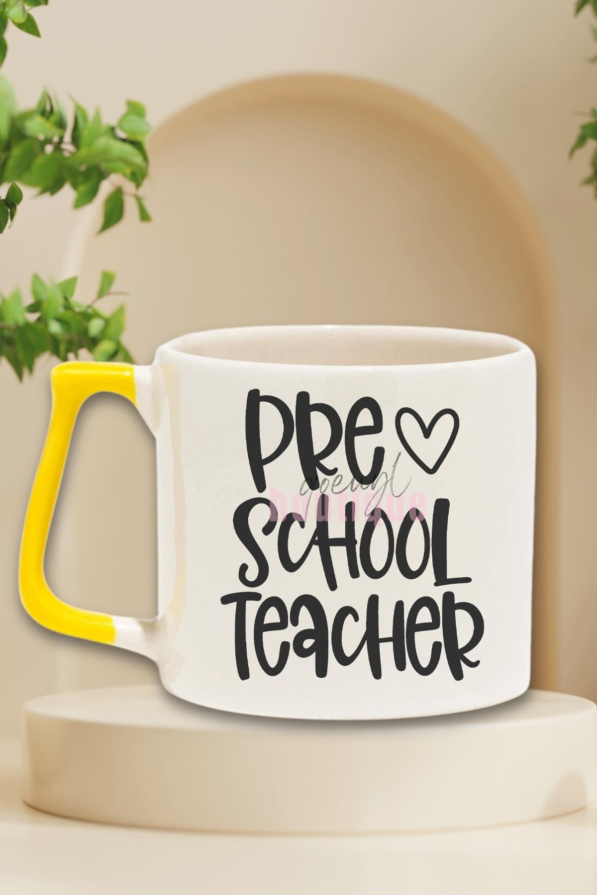 Preschool Teacher Heart Baskılı Okul Öncesi Öğretmeni Sevgi Hediyelik Kulplu Kupa Bardak