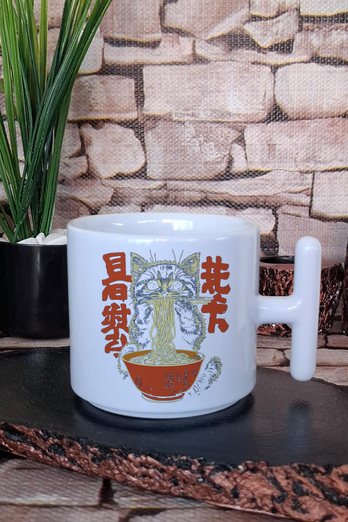Ramen Kedi Noodle 2 Baskılı Sevimli Japon Manga Baskılı T Kulplu Latte Fincanı Kupa Bardak