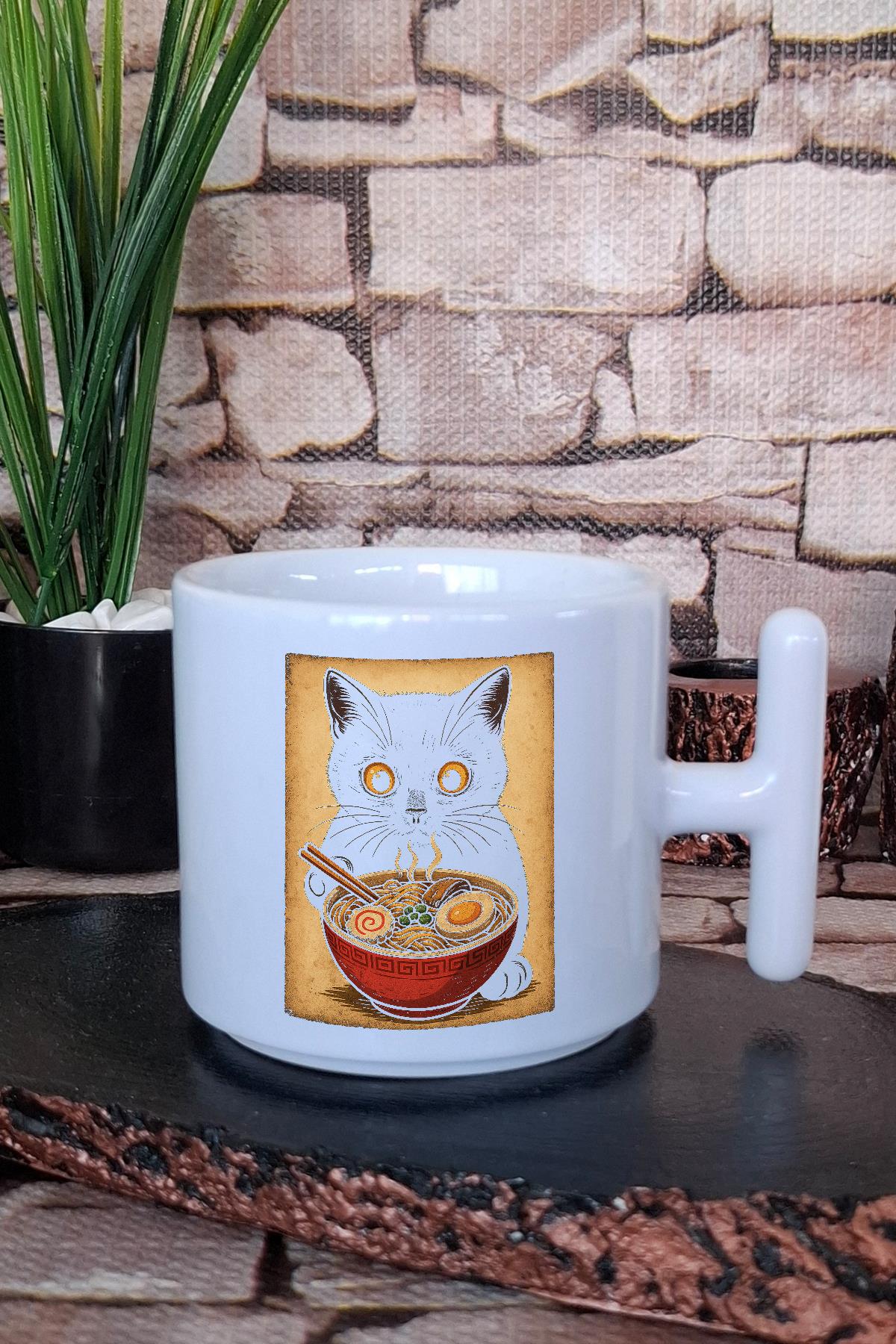 Ramen Sevimli Kedi Baskılı Japon Noodle Anime Manga Baskılı T Kulplu Latte Fincanı Kupa Bardak