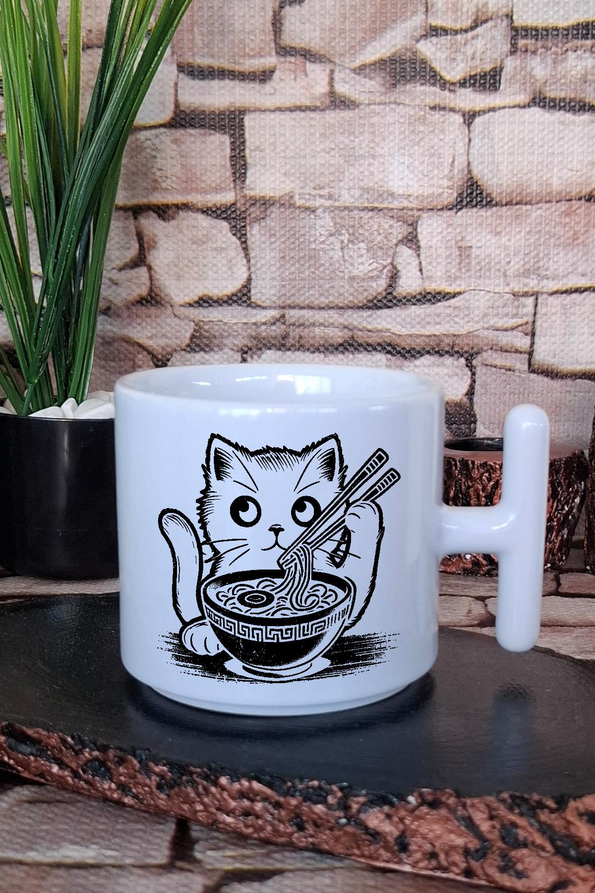 Ramen Siyah Çizim Kedi Baskılı Japon Anime Manga Baskılı T Kulplu Latte Fincanı Kupa Bardak