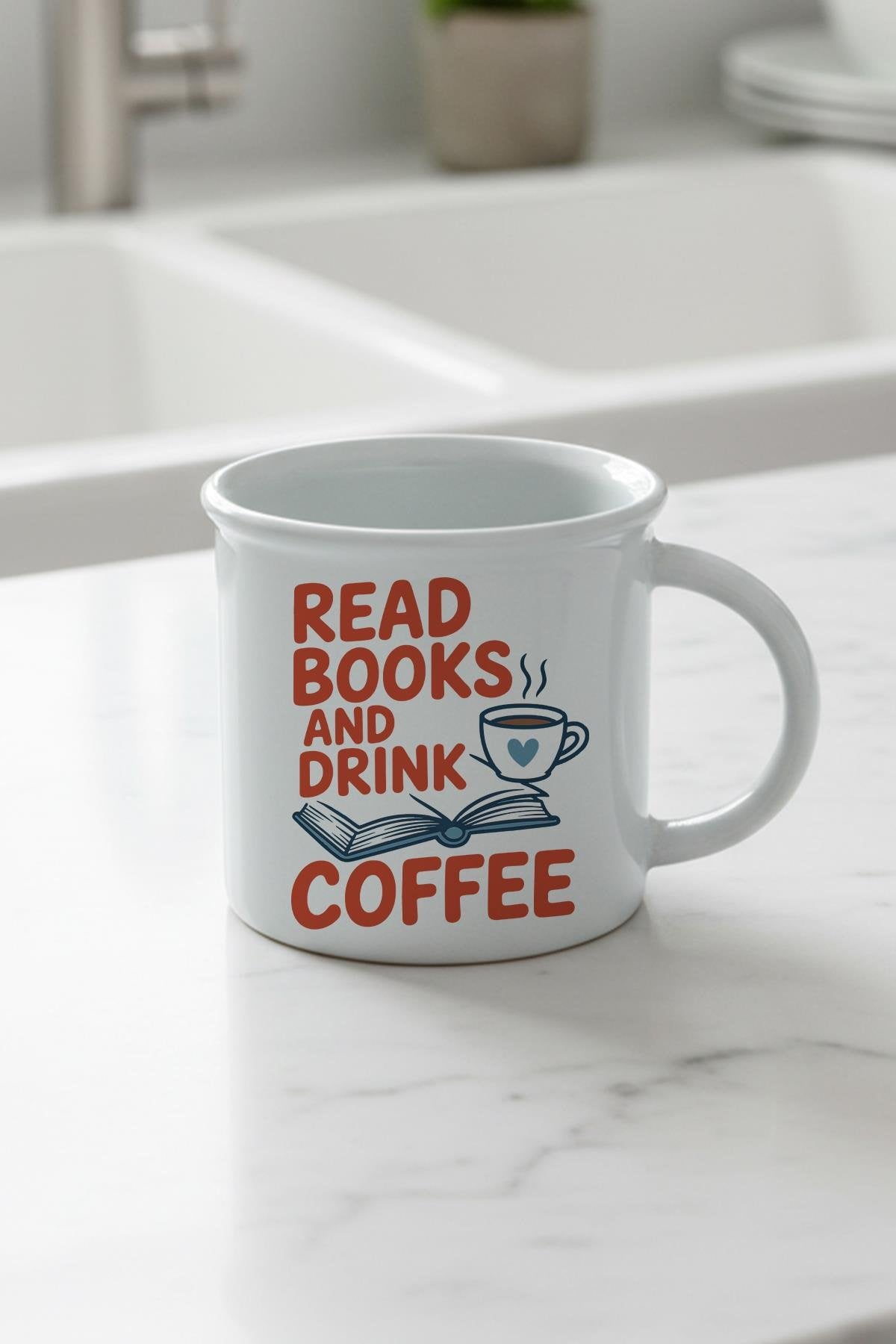 Read Books And Coffee Baskılı Enamel Görünümlü Seramik Vintage Kupa Bardak