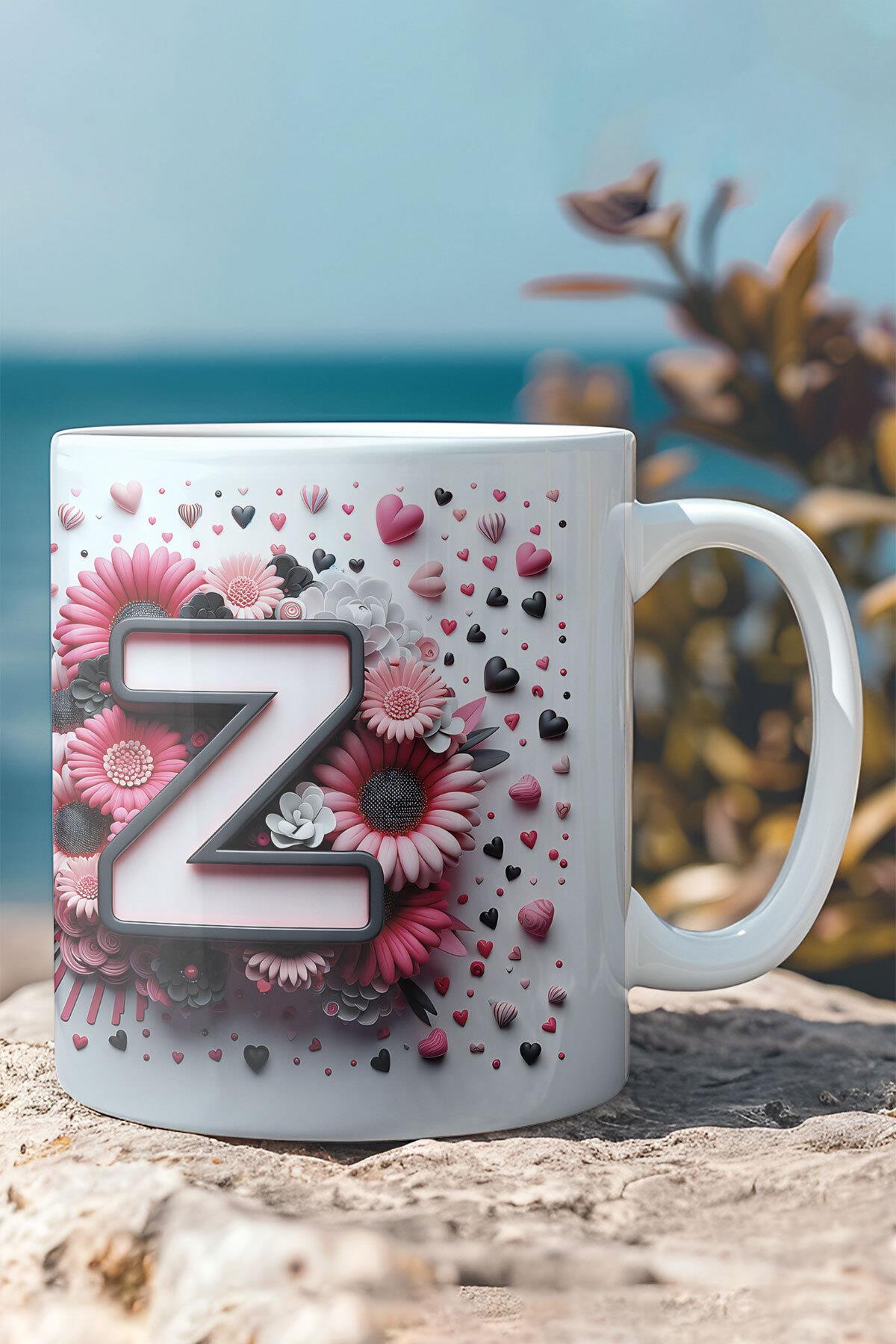 Renkli Çiçekli A Harfi Baskılı 3D Görünümlü Tasarım Mug Kupa Bardak