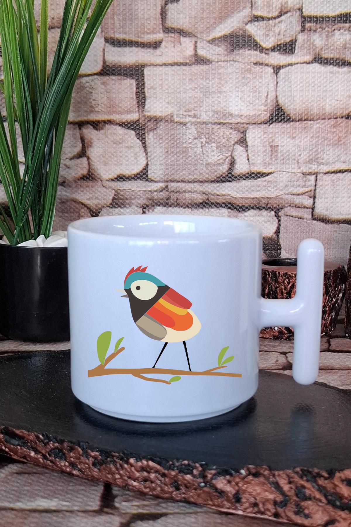 Renkli Cıvıl Cıvıl Kuş Baskılı T Kulplu Latte Fincanı Kupa Bardak