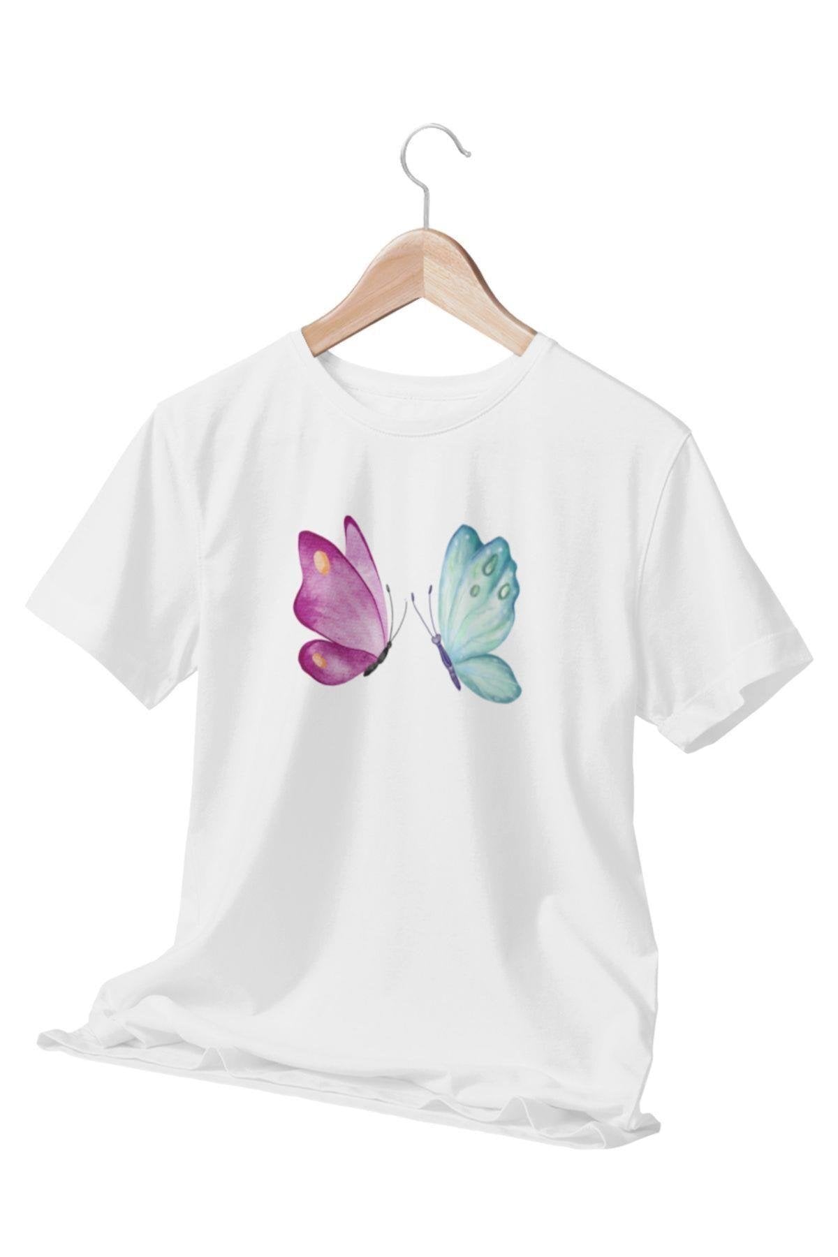 Renkli Kelebek Baskılı Beyaz Kadın T-shirt