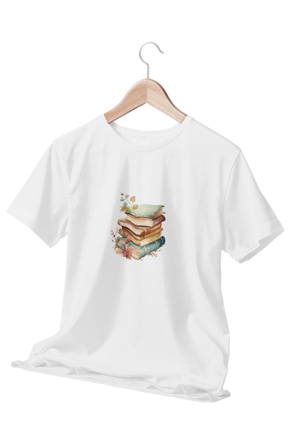 Renkli Kitaplar Baskılı Beyaz Unisex T-Shirt
