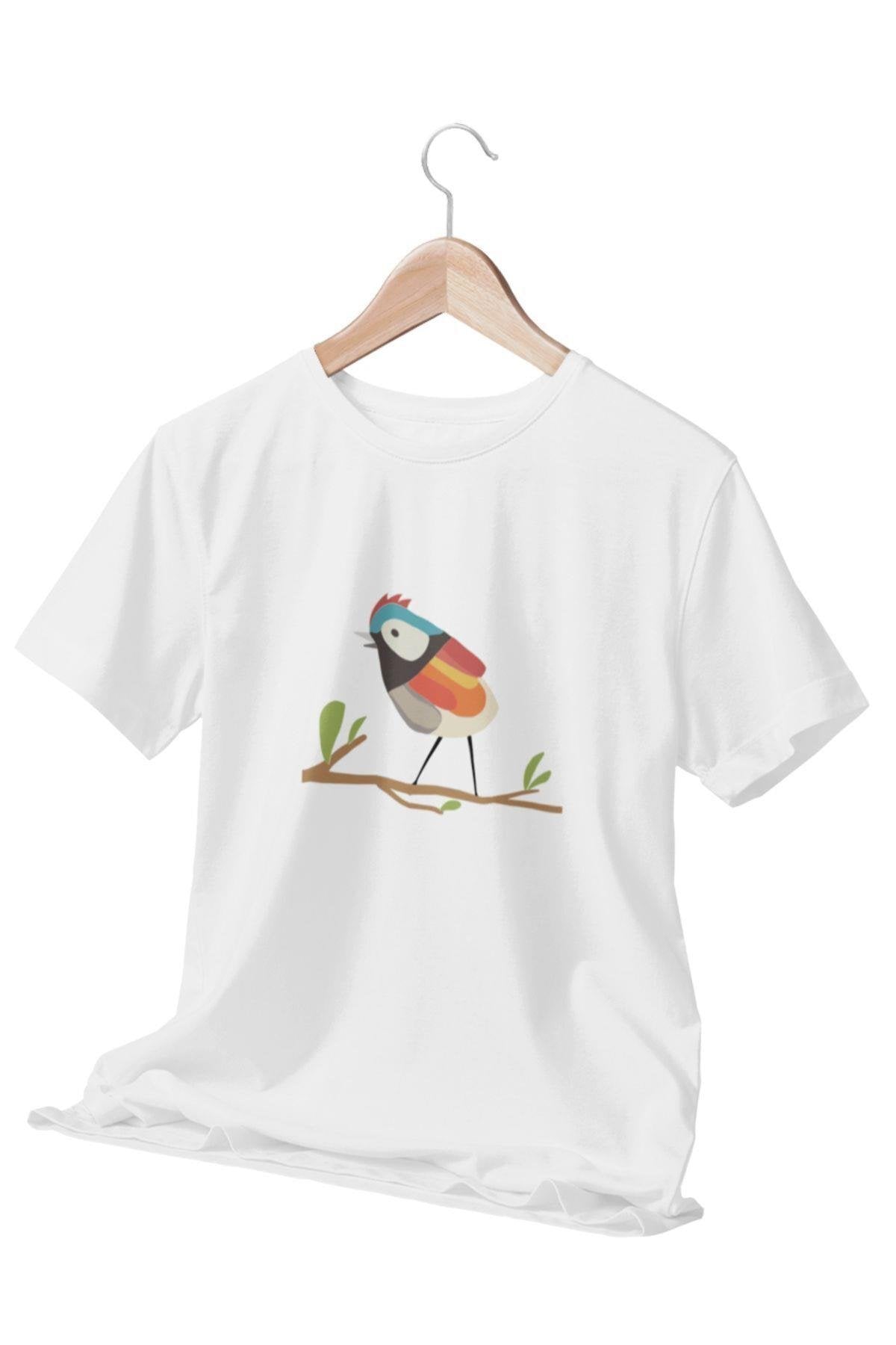 Renkli Kuş Baskılı Beyaz Unisex T-Shirt