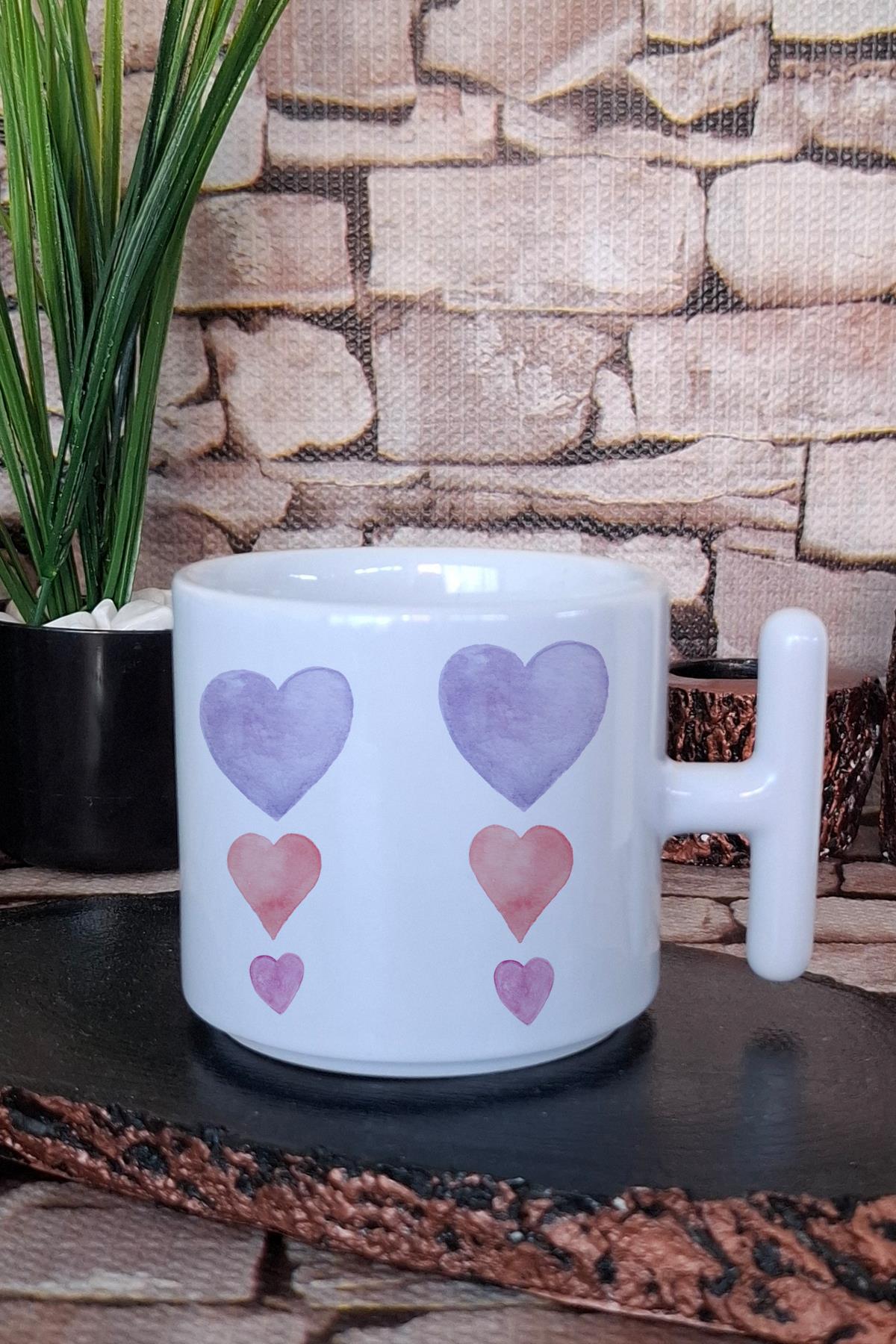 Renkli Minimal Kalpler T Kulplu Latte Fincanı Kupa Bardak