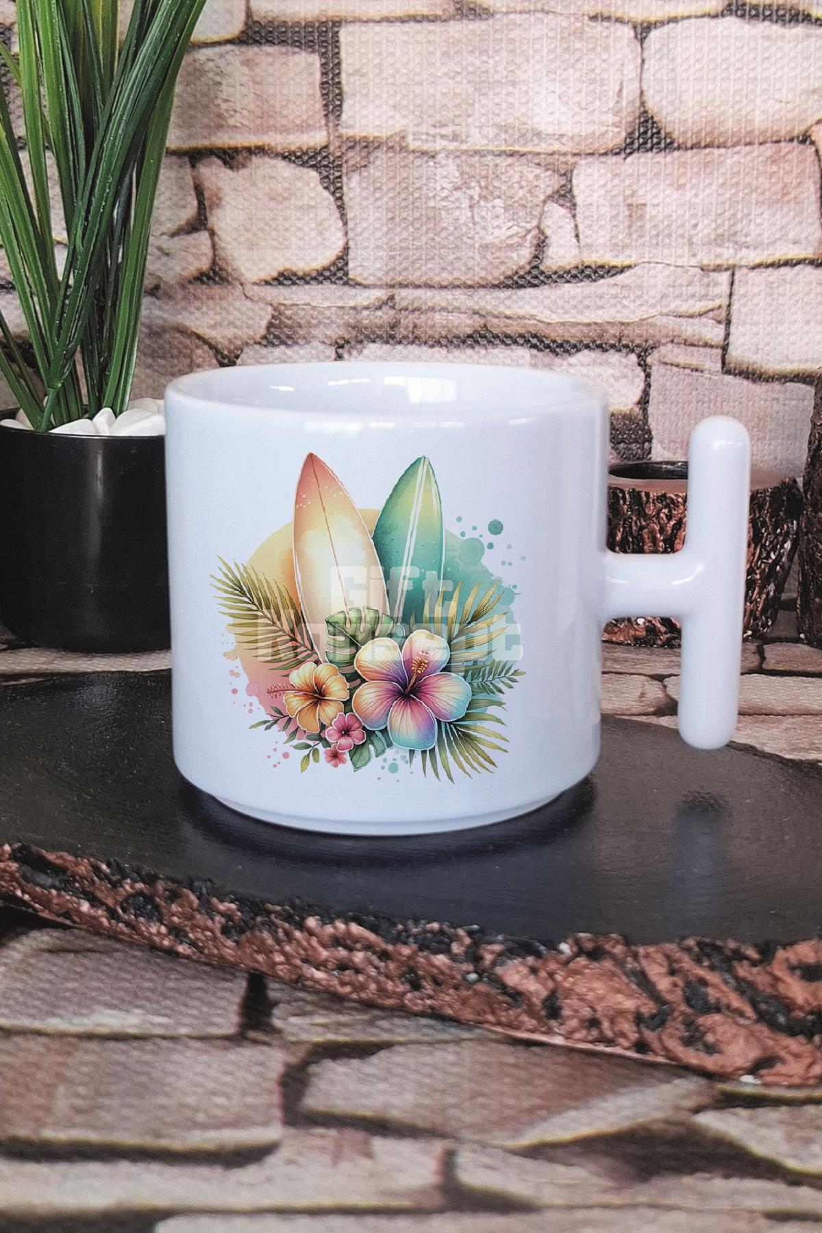 Renkli Okyanus Çiçekler Baskılı T Kulplu Latte Fincanı Kupa Bardak