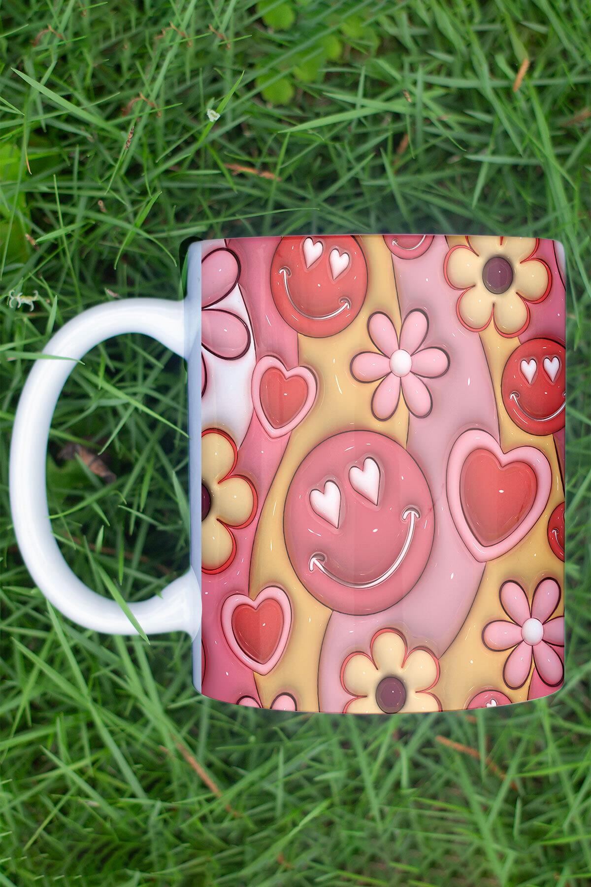 Retro Çiçek ve Emoji Temalı 3D Tasarım Görünümlü Baskılı Kupa Bardak Mug
