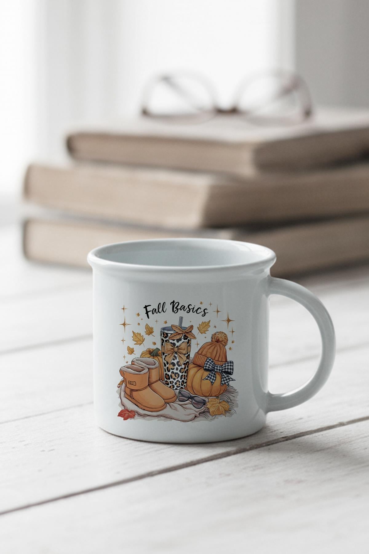 Retro Fall Basics Baskılı Enamel Görünümlü Seramik Vintage Kupa Bardak