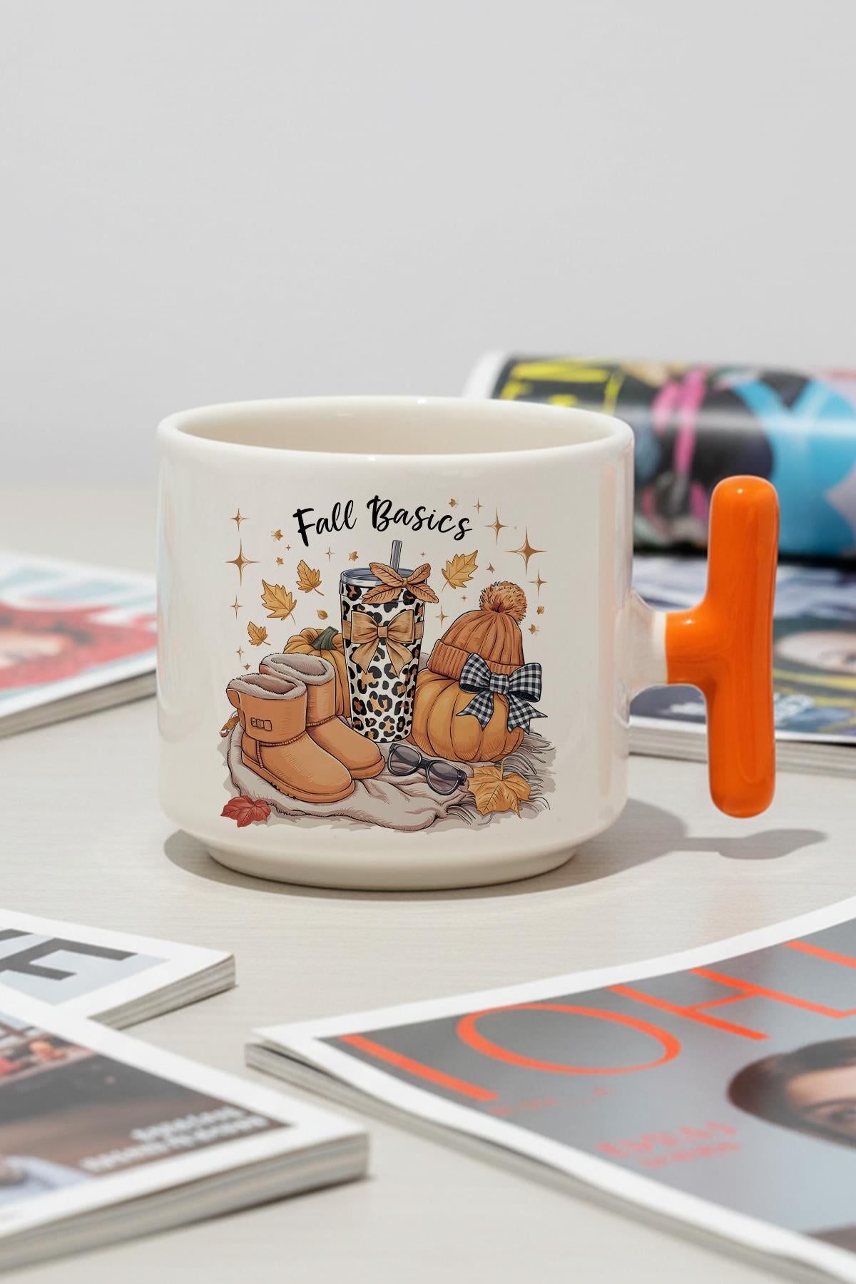 Retro Fall Basics Baskılı Hediyelik T Kulplu Latte Fincanı Kupa Bardak