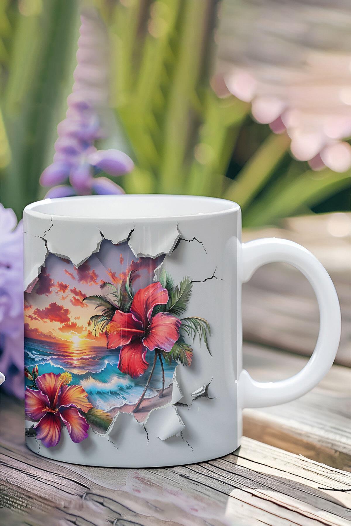 Sahil Manzaralı Palmiye Çiçek 3D Tasarım Görünümlü Baskılı Kupa Bardak Mug