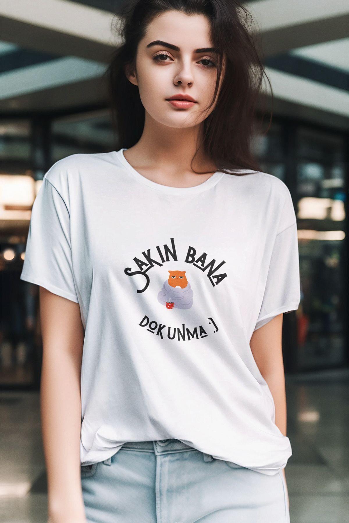 Sakın Bana Dokunma-Kedi Baskılı Eğlenceli Hediyelik Beyaz Unisex T-Shirt