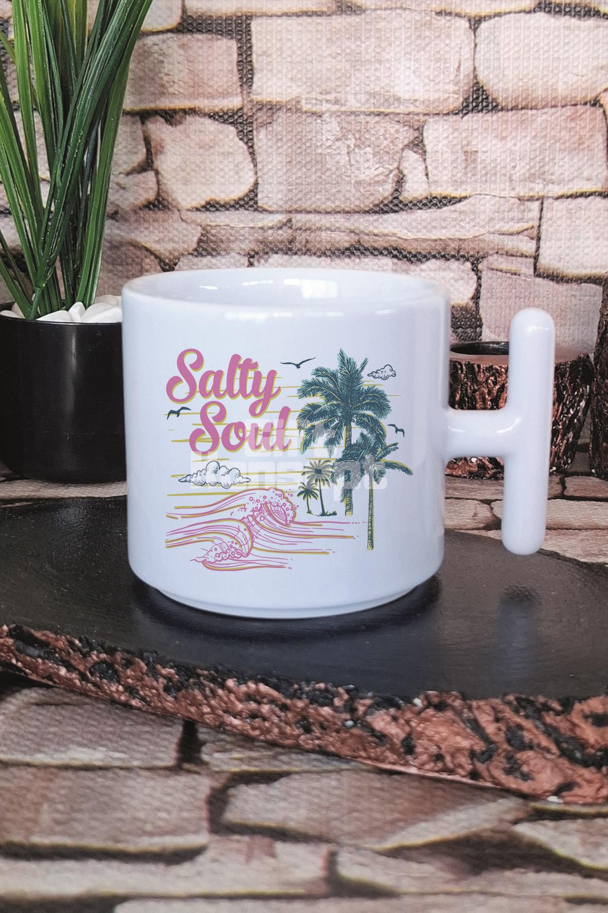 Salty Soul Baskılı T Kulplu Latte Fincanı Kupa Bardak