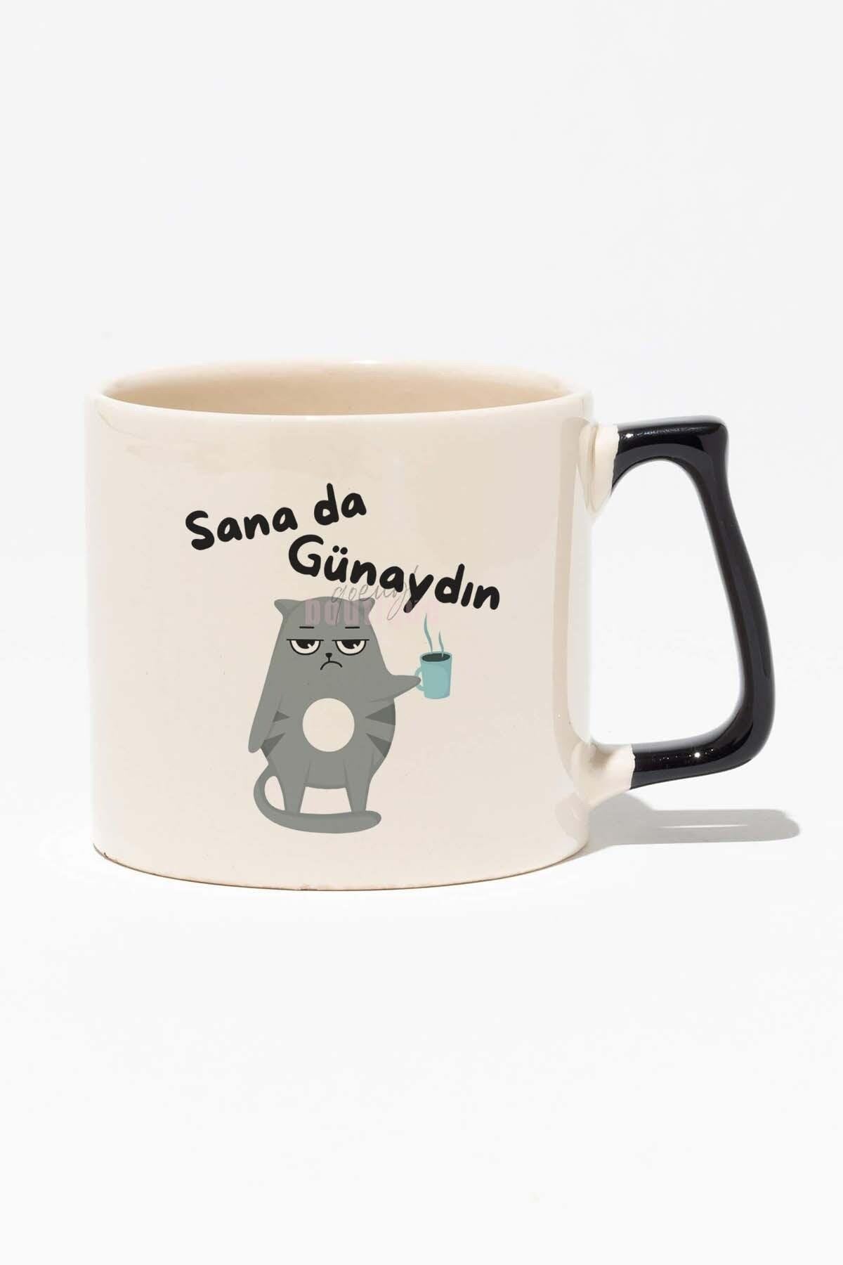 Sana da Günaydın Eğlenceli Hediyelik Baskılı Siyah Kulplu Modern Seramik Kupa